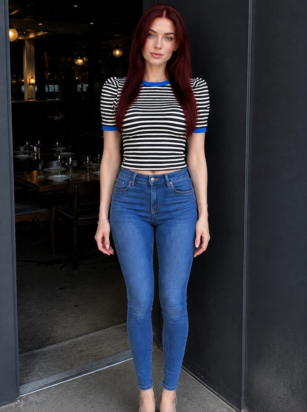 Maeve Anthropologie Puff Sleeve Striped Knit Top S Blue Trim Parisian Coquette
